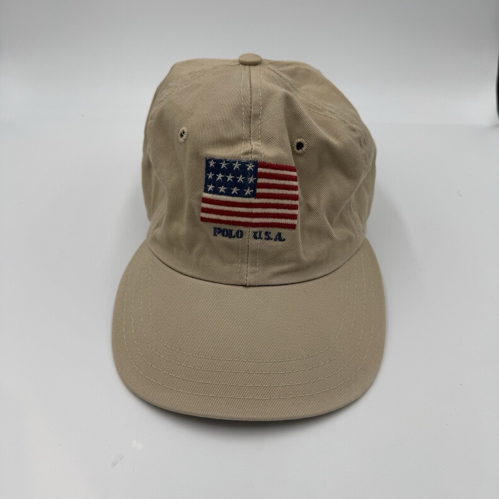 BRAND NEW NWT Vintage Polo Ralph Lauren USA Flag Embroidered Hat Khaki 90s Rare